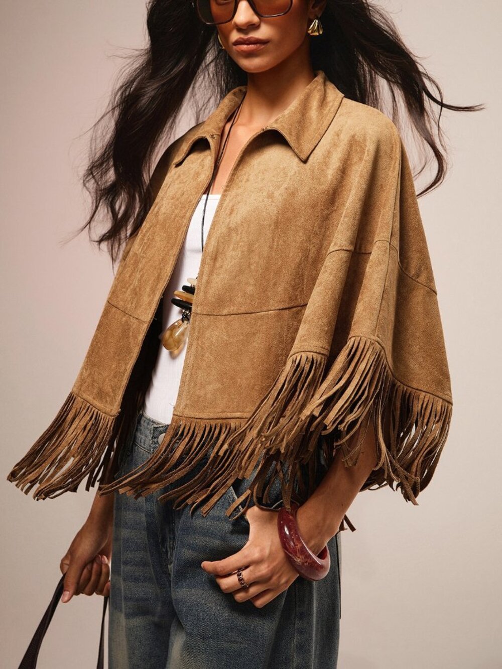 tan Casual Women's Fringe detail Collar cape poncho Top - Picture 6 of 9